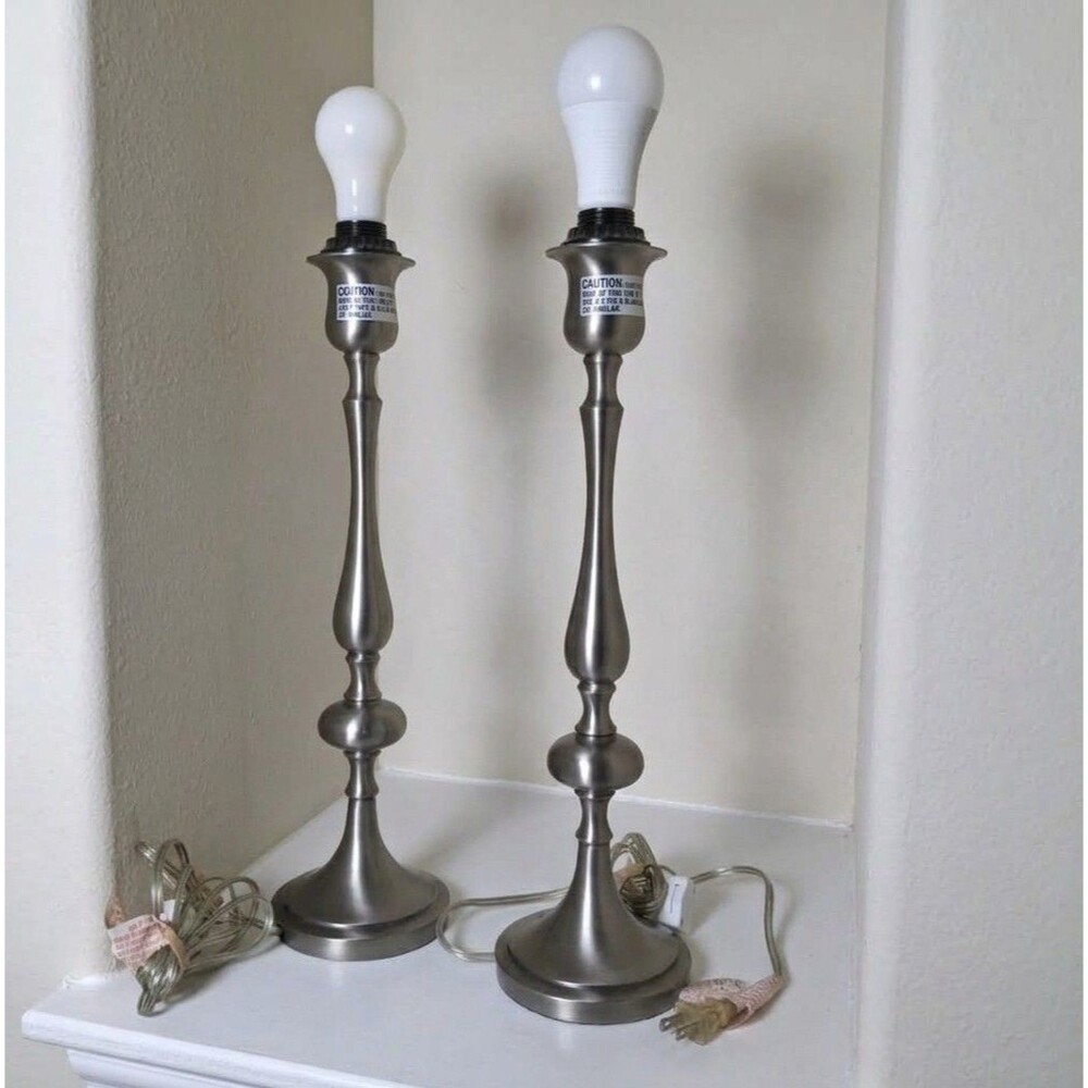 Pottery Barn Candlestick Table Lamps (2) WORKS 19" Gunmetal Minimalist Old Money